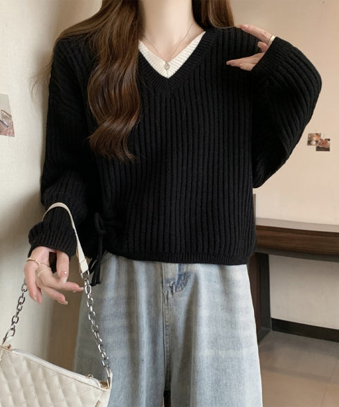 Vネックリブニットトップス 暖かいニット レイヤードニットレディース韓国風 きれいめトップス秋冬服 サイドドローストリングニットおしゃれ ニットセーター大人可愛い 97SY-018