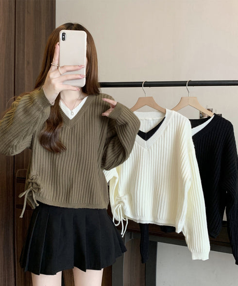 Vネックリブニットトップス 暖かいニット レイヤードニットレディース韓国風 きれいめトップス秋冬服 サイドドローストリングニットおしゃれ ニットセーター大人可愛い 97SY-018