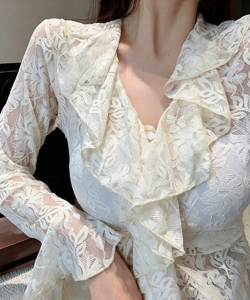 透かし編みトップス花柄レースカーディガン vネックレースブラウスレディース 大人可愛いシアートップス 韓国風シースルートップス長袖 キャンディスリーブカーディガン 97SY-020