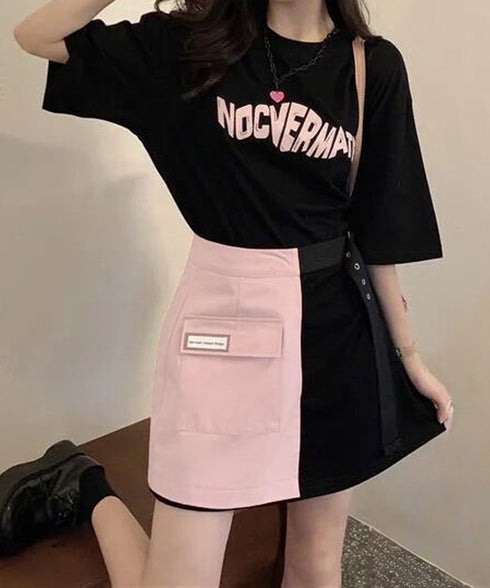 ロゴTシャツワンピース 巻きミニスカート プチプラセットアップレディースカジュアル ロングtシャツおしゃれ 英字プリントtシャツ半袖 ラップミニスカートレイヤード 97TAOZH-001