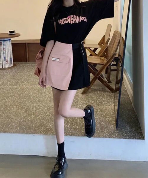 ロゴTシャツワンピース 巻きミニスカート プチプラセットアップレディースカジュアル ロングtシャツおしゃれ 英字プリントtシャツ半袖 ラップミニスカートレイヤード 97TAOZH-001