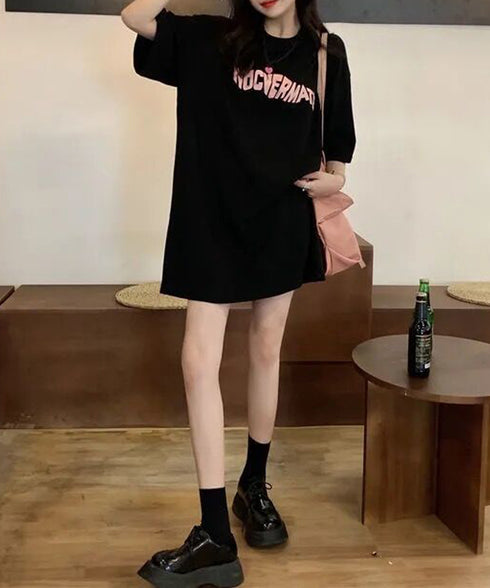 ロゴTシャツワンピース 巻きミニスカート プチプラセットアップレディースカジュアル ロングtシャツおしゃれ 英字プリントtシャツ半袖 ラップミニスカートレイヤード 97TAOZH-001