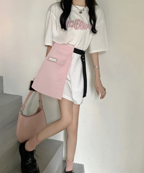 ロゴTシャツワンピース 巻きミニスカート プチプラセットアップレディースカジュアル ロングtシャツおしゃれ 英字プリントtシャツ半袖 ラップミニスカートレイヤード 97TAOZH-001