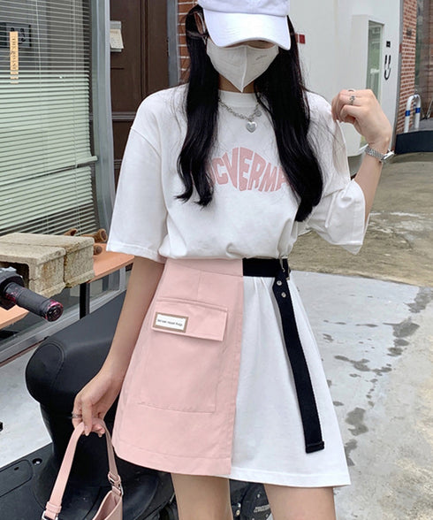 ロゴTシャツワンピース 巻きミニスカート プチプラセットアップレディースカジュアル ロングtシャツおしゃれ 英字プリントtシャツ半袖 ラップミニスカートレイヤード 97TAOZH-001