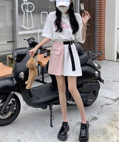 ロゴTシャツワンピース 巻きミニスカート プチプラセットアップレディースカジュアル ロングtシャツおしゃれ 英字プリントtシャツ半袖 ラップミニスカートレイヤード 97TAOZH-001