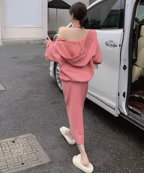 薄手スウェット上下春夏セットアップ韓国風 フード付きVネックトレーナーレディースドロップショルダー ホルターネックロングワンピース サイドスリットワンピースお洒落 97TAOZH-002