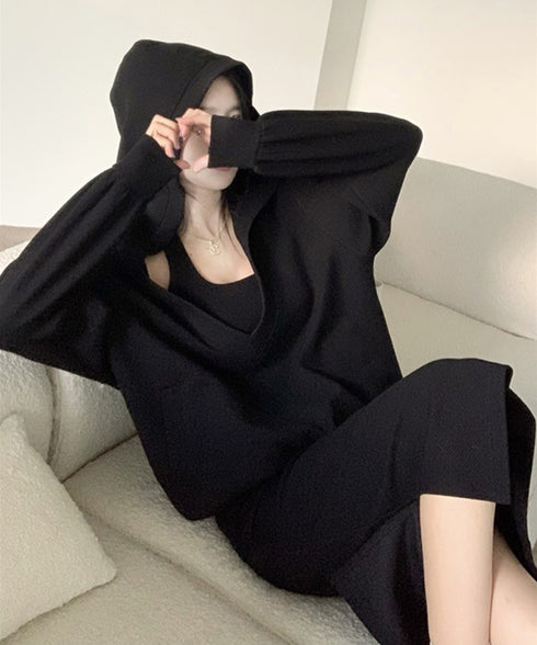 薄手スウェット上下春夏セットアップ韓国風 フード付きVネックトレーナーレディースドロップショルダー ホルターネックロングワンピース サイドスリットワンピースお洒落 97TAOZH-002