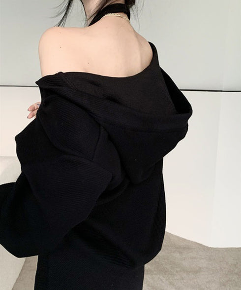 薄手スウェット上下春夏セットアップ韓国風 フード付きVネックトレーナーレディースドロップショルダー ホルターネックロングワンピース サイドスリットワンピースお洒落 97TAOZH-002