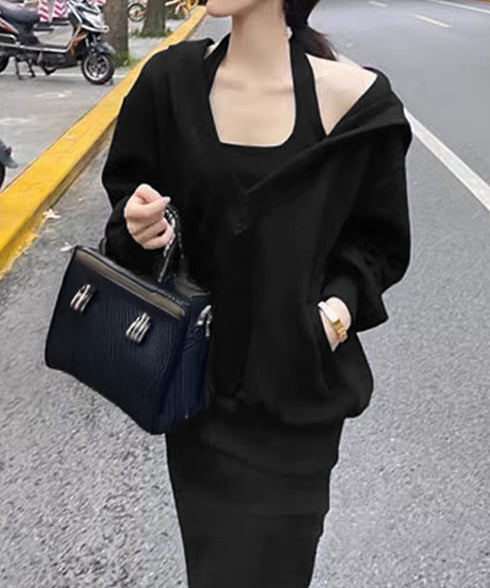 薄手スウェット上下春夏セットアップ韓国風 フード付きVネックトレーナーレディースドロップショルダー ホルターネックロングワンピース サイドスリットワンピースお洒落 97TAOZH-002
