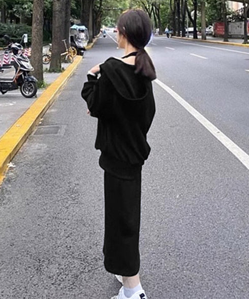 薄手スウェット上下春夏セットアップ韓国風 フード付きVネックトレーナーレディースドロップショルダー ホルターネックロングワンピース サイドスリットワンピースお洒落 97TAOZH-002