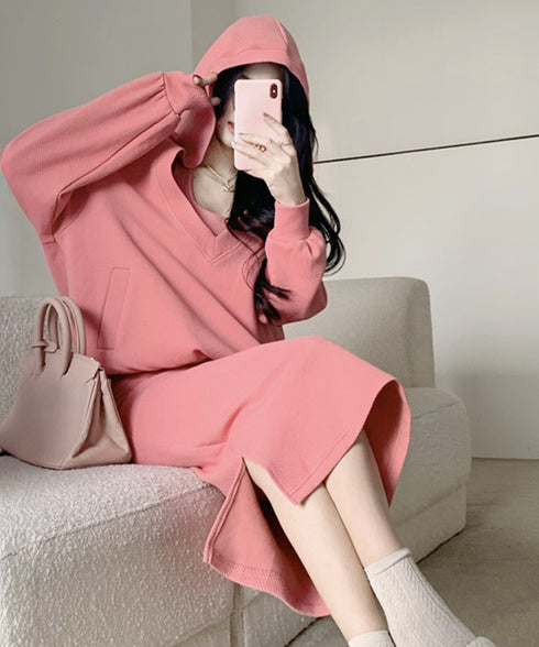 薄手スウェット上下春夏セットアップ韓国風 フード付きVネックトレーナーレディースドロップショルダー ホルターネックロングワンピース サイドスリットワンピースお洒落 97TAOZH-002