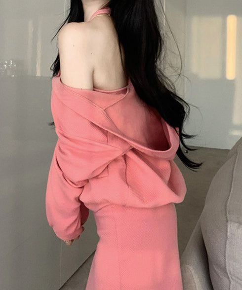 薄手スウェット上下春夏セットアップ韓国風 フード付きVネックトレーナーレディースドロップショルダー ホルターネックロングワンピース サイドスリットワンピースお洒落 97TAOZH-002