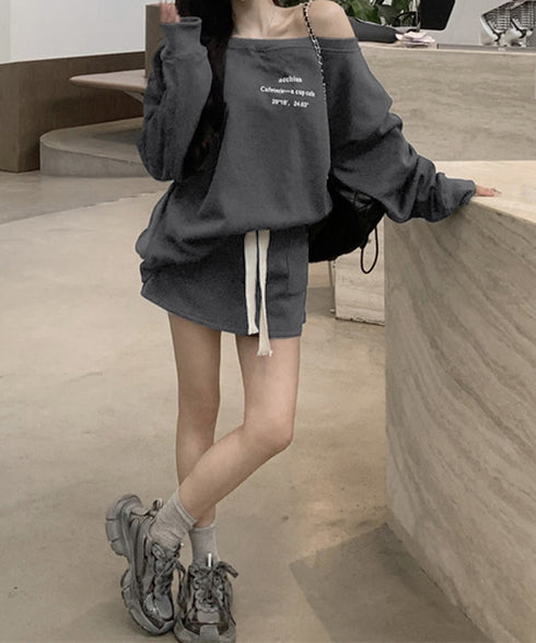 英字ロゴスウェットセットアップ大人可愛い レディーストレーナーきれいめ ポケット付き インナーパンツ付きスカートウエストゴム ドロップショルダートップスおしゃれ服 97TAOZH-003