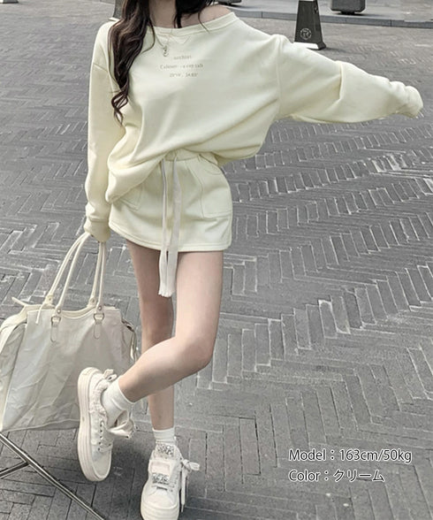 英字ロゴスウェットセットアップ大人可愛い レディーストレーナーきれいめ ポケット付き インナーパンツ付きスカートウエストゴム ドロップショルダートップスおしゃれ服 97TAOZH-003