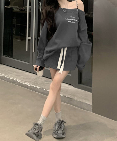 英字ロゴスウェットセットアップ大人可愛い レディーストレーナーきれいめ ポケット付き インナーパンツ付きスカートウエストゴム ドロップショルダートップスおしゃれ服 97TAOZH-003