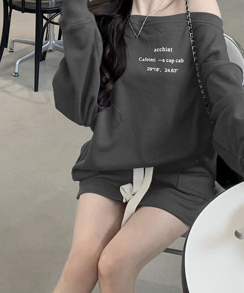 英字ロゴスウェットセットアップ大人可愛い レディーストレーナーきれいめ ポケット付き インナーパンツ付きスカートウエストゴム ドロップショルダートップスおしゃれ服 97TAOZH-003