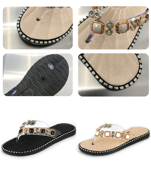 ビジュートングサンダル大人可愛いスリッパ 韓国風ぺたんこサンダルきれいめ 歩きやすいサンダル レディース 疲れないラインストーンサンダル 痛くないフラットシューズ 97XIE-001