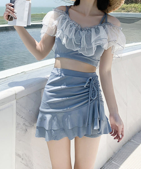 レディース水着 2点セット 小胸 盛れる バンドゥ水着セパレート ビスチェ水着おしゃれ 海辺旅行水着リゾート パッド付きブラトップ インナーパンツ付きミニスカート 97YONGYI-002