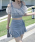 レディース水着 2点セット 小胸 盛れる バンドゥ水着セパレート ビスチェ水着おしゃれ 海辺旅行水着リゾート パッド付きブラトップ インナーパンツ付きミニスカート 97YONGYI-002