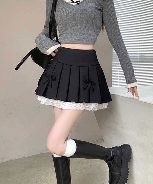 ボックスプリーツスカート ミニスカート夏 レディース ハイウエスト ショート丈スカート インナーパンツ付き Aラインスカート 裾レース ボリューム 細見えスカート 98AWEI-001