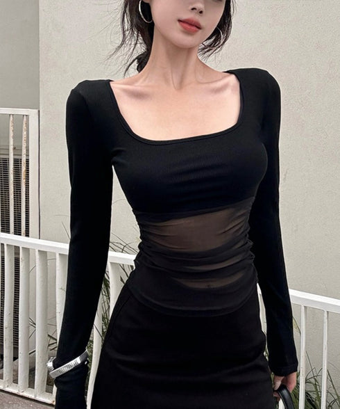 チュール切り替え 長袖Tシャツレディース レイヤードトップス ギャル風 薄手無地 セクシー 修身スリム 韓国風カットソー おしゃれ 透けインナー 着回し 98BNYA-001