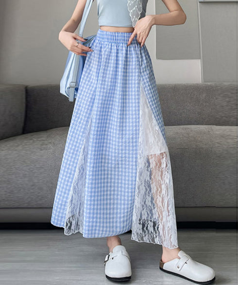 レース切り替え ロングチェック柄スカート レディース 韓国風ロングスカート 大人可愛い 花柄レーススカート ギンガムチェックスカート ウエストゴム フレアスカート 98CHAYA-001