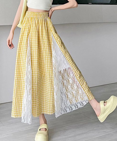 レース切り替え ロングチェック柄スカート レディース 韓国風ロングスカート 大人可愛い 花柄レーススカート ギンガムチェックスカート ウエストゴム フレアスカート 98CHAYA-001