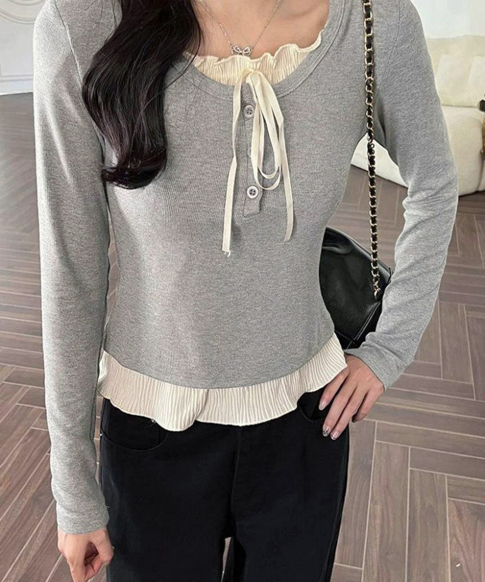 フェイクレイヤードカップ付きカットソー グレー