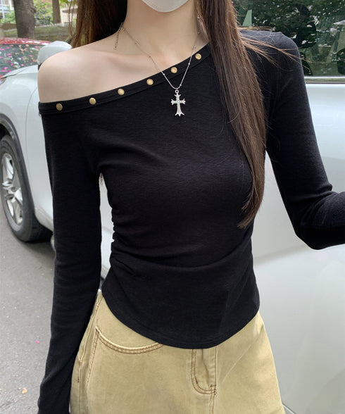 オフショルtシャツ長袖 レディース 春秋 きれいめ ワンショルダートップス 韓国風 セクシー tシャツ お洒落 シンプルカットソー無地 肩見せトップス フェミニン 98HHL-001