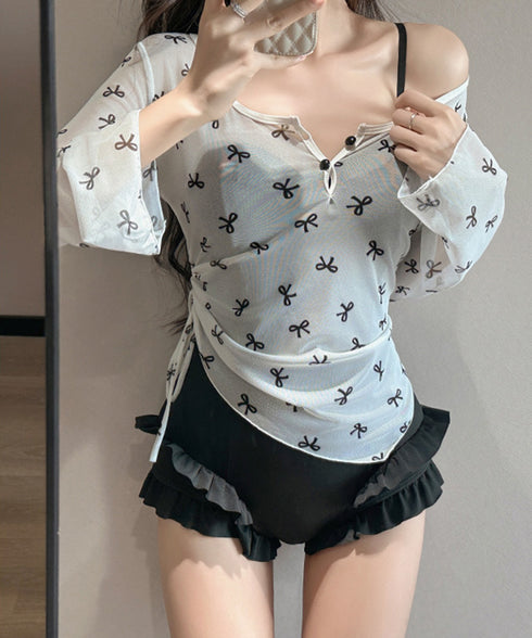 カバーアップトップス付き ワンピース水着 2点セット水着 体型カバー リボン柄 シースルー トップス 海 リゾート 水着 露出控えめ サイドドローストリング水着 98HZQE-001