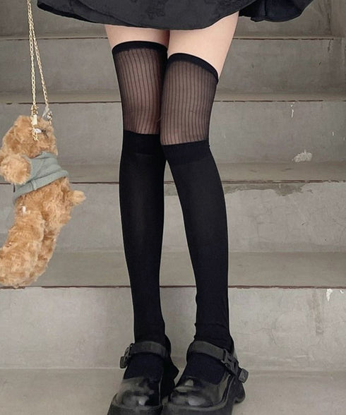 異素材切替 ロングソックス レディース 美脚脚長ソックス 大人可愛いハイソックス 韓国風 無地ソックス 膝上丈靴下 春秋 通勤通学 婦人靴下 薄手シアーソックス 98JIPSL-001