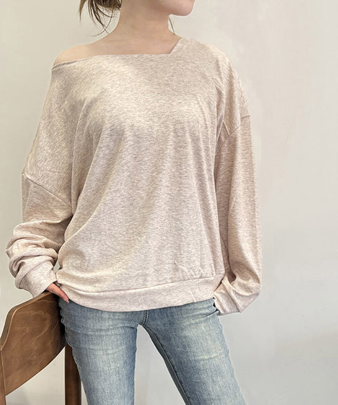 2WAY アシンメトリーネックトップス 前後着られる レディース プルオーバー 無地 長袖 柔らかい ビッグtシャツ お洒落 体型カバーtシャツ 着回し 春秋冬 98JZMAN-001