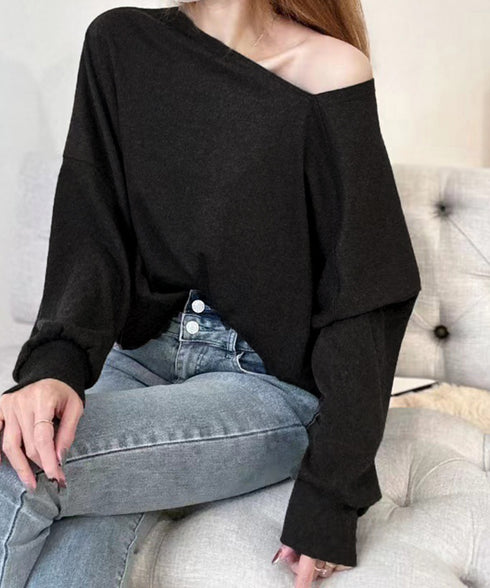 2WAY アシンメトリーネックトップス 前後着られる レディース プルオーバー 無地 長袖 柔らかい ビッグtシャツ お洒落 体型カバーtシャツ 着回し 春秋冬 98JZMAN-001