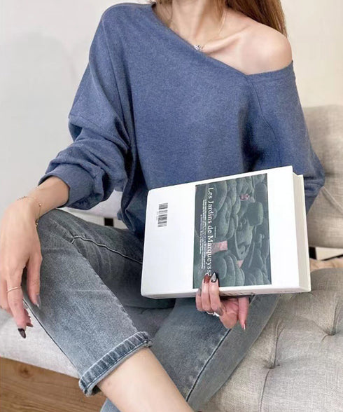 2WAY アシンメトリーネックトップス 前後着られる レディース プルオーバー 無地 長袖 柔らかい ビッグtシャツ お洒落 体型カバーtシャツ 着回し 春秋冬 98JZMAN-001