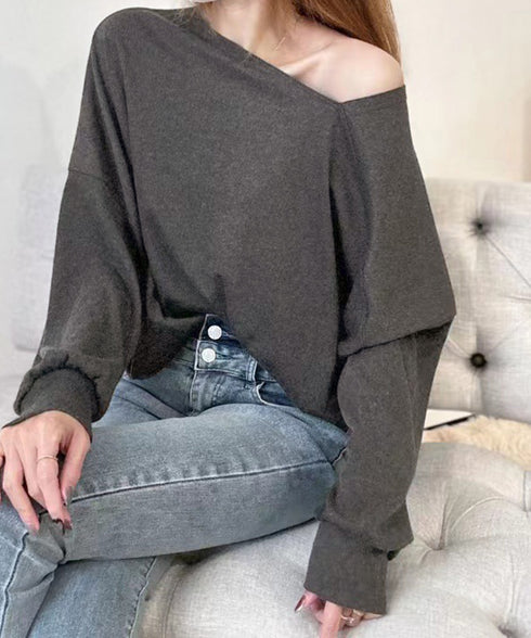 2WAY アシンメトリーネックトップス 前後着られる レディース プルオーバー 無地 長袖 柔らかい ビッグtシャツ お洒落 体型カバーtシャツ 着回し 春秋冬 98JZMAN-001