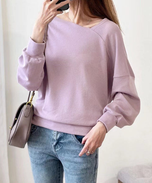 2WAY アシンメトリーネックトップス 前後着られる レディース プルオーバー 無地 長袖 柔らかい ビッグtシャツ お洒落 体型カバーtシャツ 着回し 春秋冬 98JZMAN-001