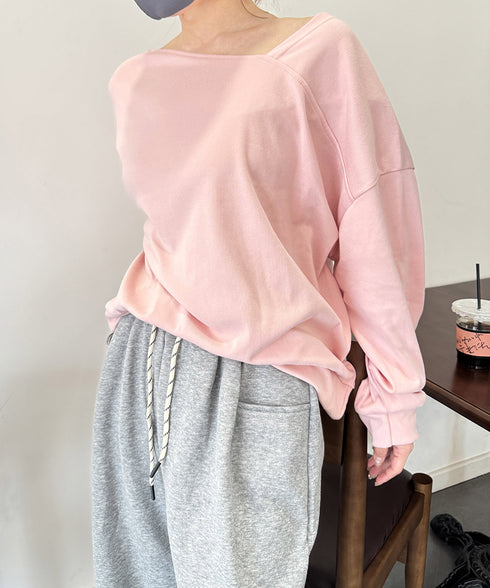 2WAY アシンメトリーネックトップス 前後着られる レディース プルオーバー 無地 長袖 柔らかい ビッグtシャツ お洒落 体型カバーtシャツ 着回し 春秋冬 98JZMAN-001