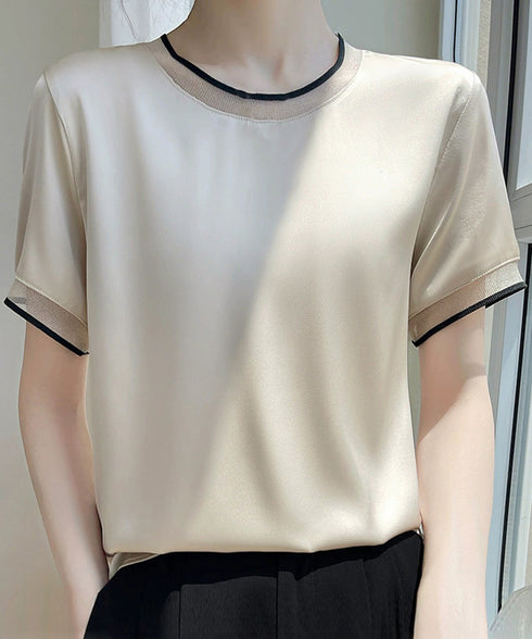 クルーネック サテン風シャツブラウス 大人女性 ビジネスブラウス 通勤服 オフィスカジュアル フェミニン 春夏 薄手フォーマルブラウス プルオーバー 98LUNC-002