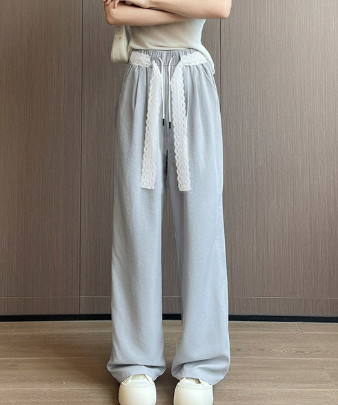 レースワイドイージーパンツ韓国風ボトムス イージー ストレートパンツ レディースボトムス ハイウエスト 着やせ 美脚脚長ロングパンツ 薄手 お洒落セミワイドパンツ 98SENGY-001