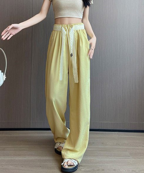 レースワイドイージーパンツ韓国風ボトムス イージー ストレートパンツ レディースボトムス ハイウエスト 着やせ 美脚脚長ロングパンツ 薄手 お洒落セミワイドパンツ 98SENGY-001