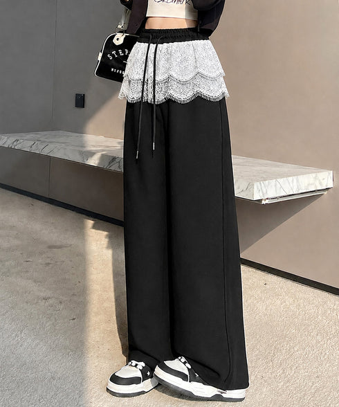 レースメッシュ切り替え イージーパンツ レディース ドローストリングパンツ ウエストゴム ゆったり 韓国風 ストリート ランニングウェア ダンス ボトムス 98SHIT-001