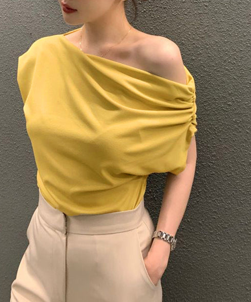 オフショルダーTシャツ カットソー 半袖 ワンショルトップス レディース アシンメトリー おしゃれ 肌見せ 夏服 ワンショルダーカットソー 韓国風セクシーTシャツ 98XIANNF-001