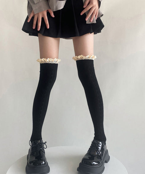 ニーハイソックス レース切り替え 靴下 サイハイソックス レースドッキング 大人可愛い 膝上丈靴下 通学ルームソックス 暖かい靴下春秋冬 韓国風無地ソックス 98YCHUAN-001