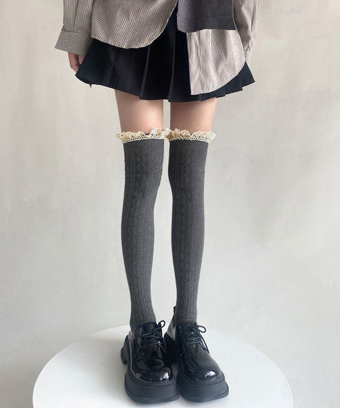 ニーハイソックス レース切り替え 靴下 サイハイソックス レースドッキング 大人可愛い 膝上丈靴下 通学ルームソックス 暖かい靴下春秋冬 韓国風無地ソックス 98YCHUAN-001