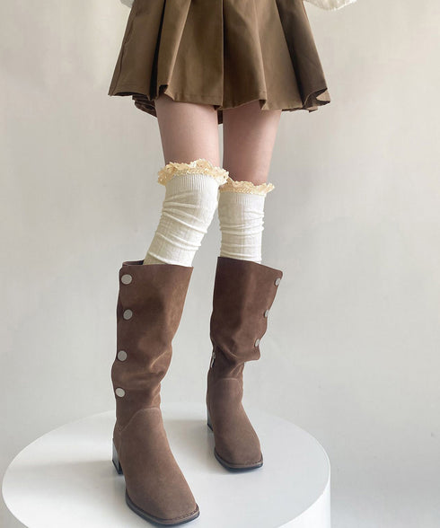 ニーハイソックス レース切り替え 靴下 サイハイソックス レースドッキング 大人可愛い 膝上丈靴下 通学ルームソックス 暖かい靴下春秋冬 韓国風無地ソックス 98YCHUAN-001