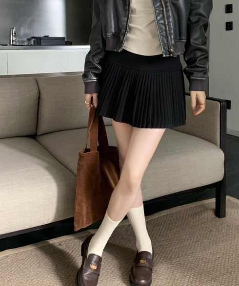ニットプリーツ ミニスカート レディース 可愛い Aラインスカート ハイウエスト ショートスカート シンプル インナーパンツ付き 着やせ ボトムス カジュアル 98YIDUN-001