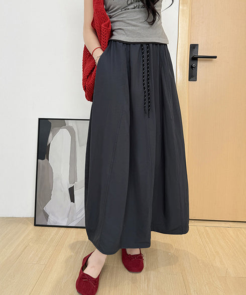 ロング丈 フレアスカート ウエストゴム ゆったりロングスカート 楽ちんウエストゴム ナチュラル無地 体型カバーAライン 大人カジュアル ドロストデザイン 春夏秋 98YIDUN-002