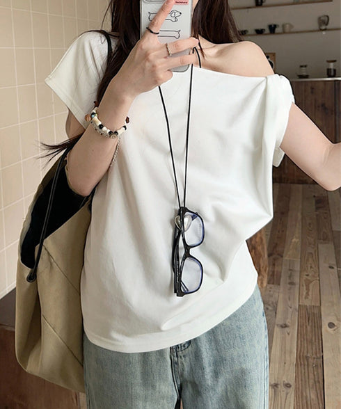 オフショルダーTシャツ 半袖 トップス ワンショルトップスレディース 斜め肩デザイントップス サイドギャザーワンショルダーカットソー おしゃれ肌見せ夏服 韓国風 98YRLAN-001