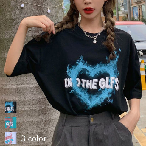 半袖Tシャツ レディース 可愛い 愛のパターンプリント tシャツ 夏 ゆったり 韓国ファッション 98AMYI-002