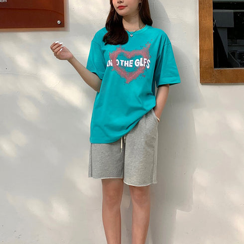 半袖Tシャツ レディース 可愛い 愛のパターンプリント tシャツ 夏 ゆったり 韓国ファッション 98AMYI-002